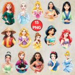 Princess Cliparts PNG, Adorable Princess Watercolor, Jasmine, Moana, Elsa, Cinderella, Ariel, Aurora, Rapunzel Family Trip PNG, Princess Nursery Art