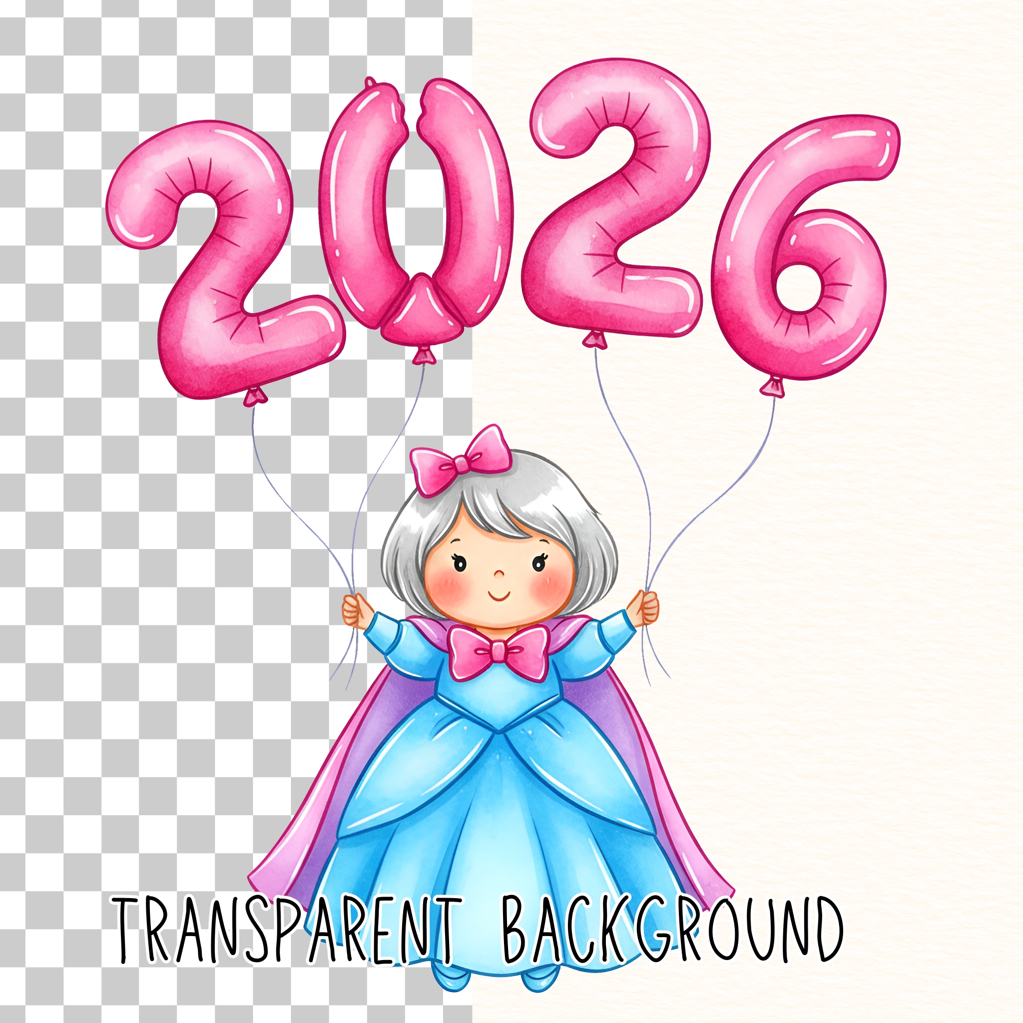 Cinderella 2026 Clipart, 2026 Clipart Bundle, 2026 Cartoon PNG, Cinderella 2026 Ballon, Princess Cinderella Happy New Year 2026, Party Art