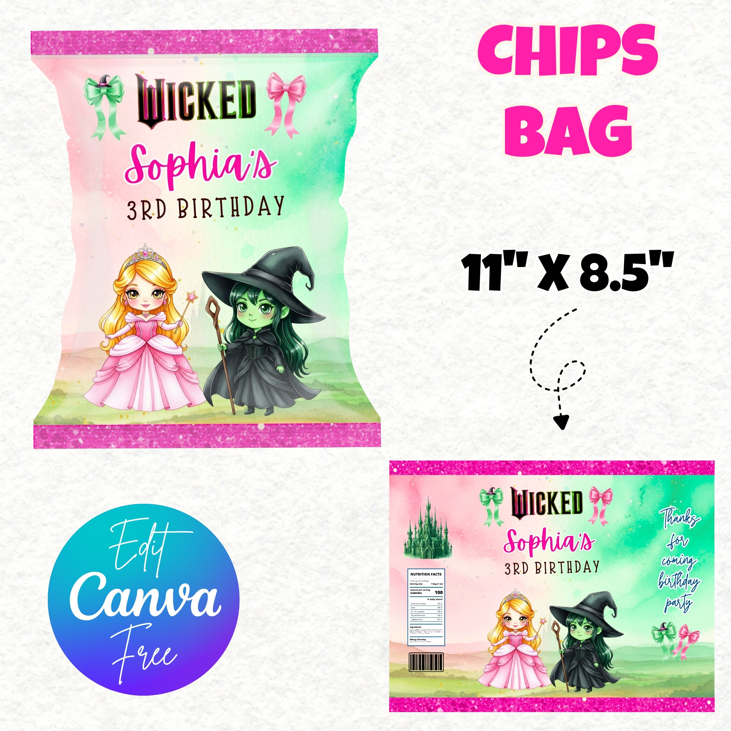 Wicked Party Favors, Elphaba & Glinda, Witches Party Favor, Pink Green Decor, Wicked Printable, Wicked Birthday Party Favors, Glinda Party