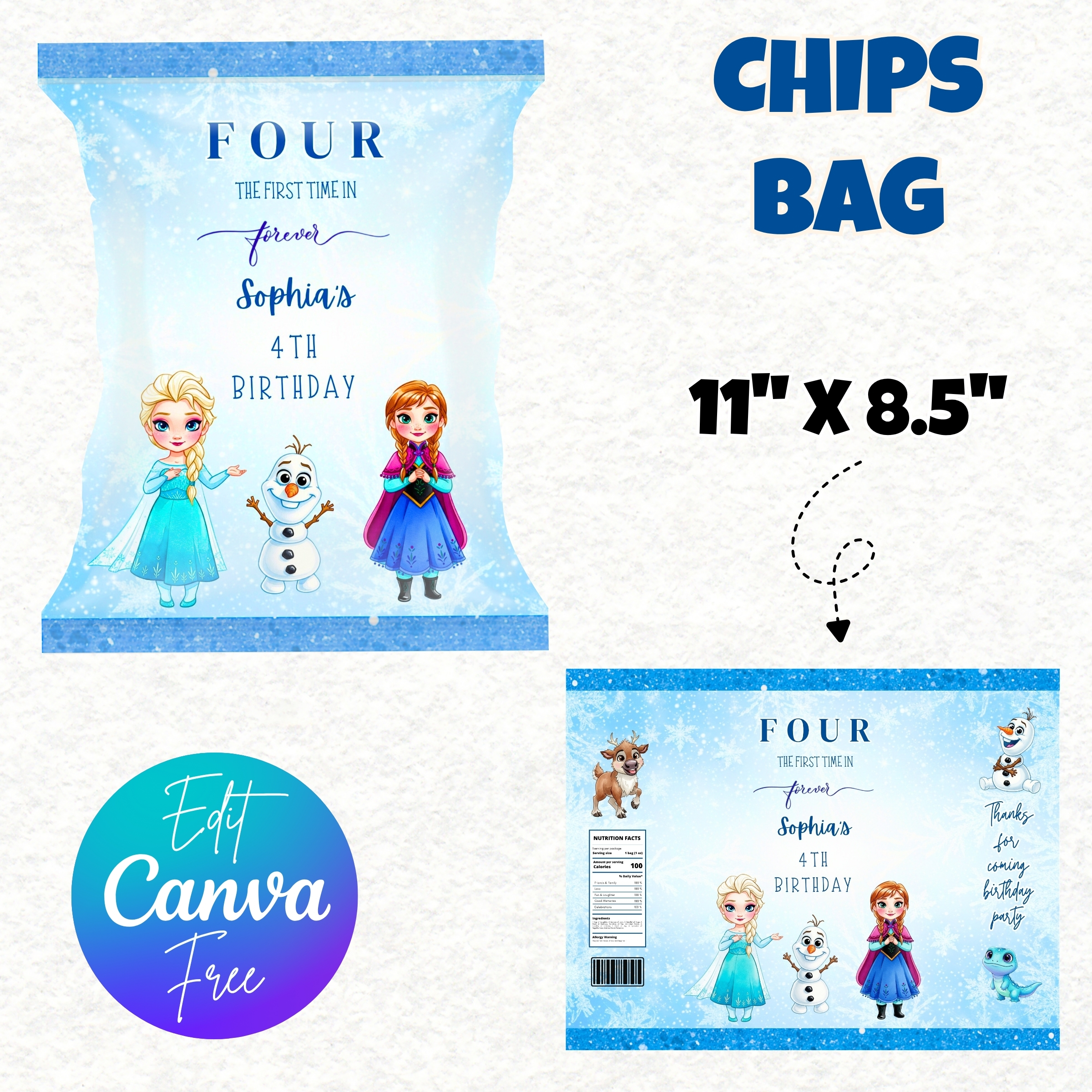Frozen Birthday Party Favor Bundle, Editable Frozen Party Favors, Frozen Chip Bag, Adorable Frozen Birthday Party Decor, Princess Elsa Party Favors