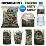 Jurassic Park Birthday Party Favor Bundle, Dinosaur Printable Labels, Editable Dino Party Adorable Kit, Jurassic Park Chips Bag and More