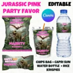 Jurassic Park Pink Birthday Party Favor, Dinosaur Printable Labels, Editable Canva Dino Party Kit, Pink Chips Bag, Capri Sun, Adorable Pink Party Favors