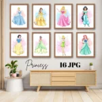Princesses Wall Art, 16 Prints Set with Watercolor Splatter, Playroom Decor, Digital Princess Wall Art, Nursery Prints, Girls Room Decor