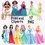 Princess PNG Clipart, Cute Princess, Beautiful Princess Birthday, Cinderella, Rapunzel, Belle, Elsa, Ariel, Jasmine, Tiana, Baby Shower, Nursery Art