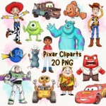 Watercolor Pixar Disney Clipart, Toy Story, Coco, Mike, Sully, Incredibles, UP, Cars, Nemo, Dory, Woody, Hand Drawn, Adorable Cartoon Movie Clipart