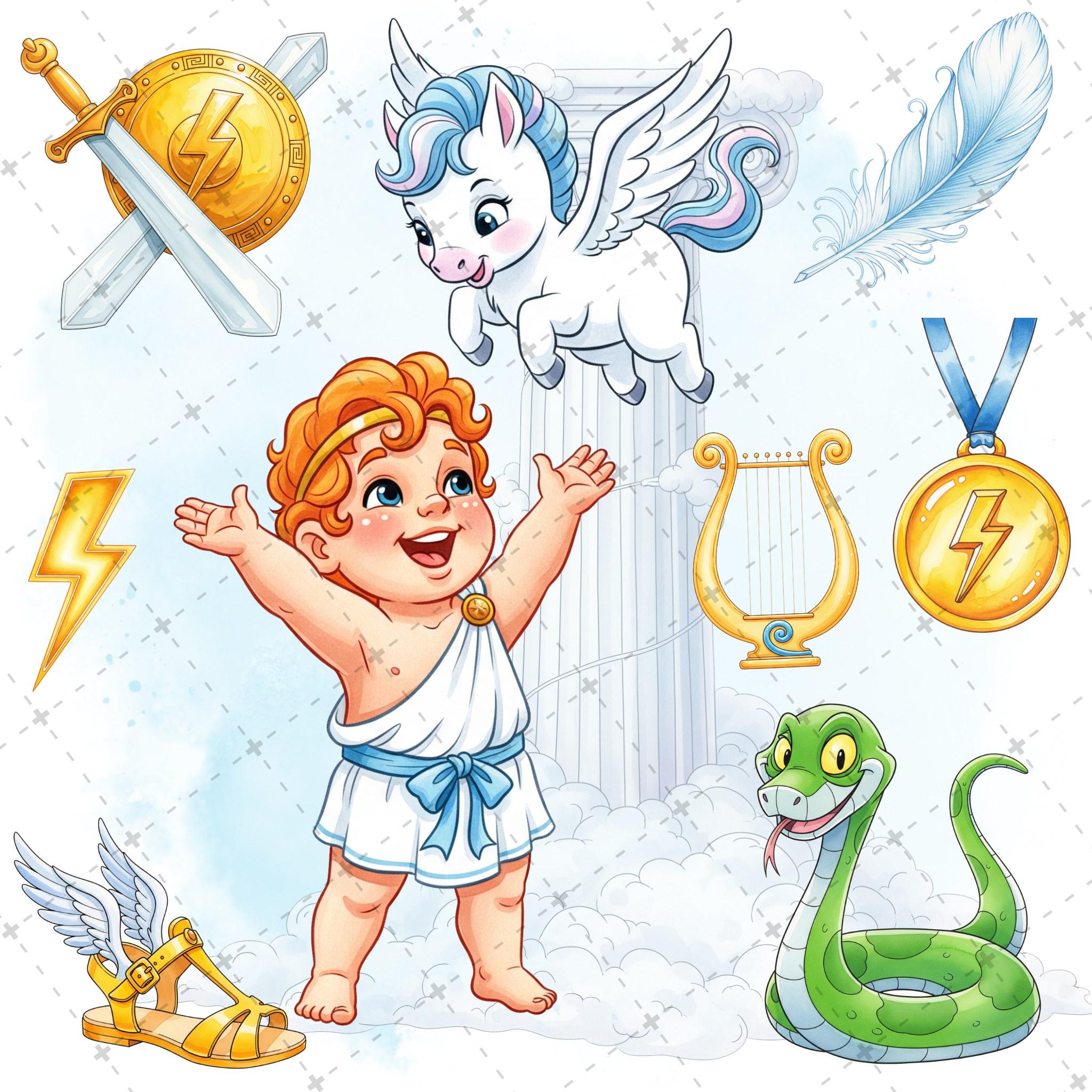 Baby Hercules Clipart, Cute Cartoon PNG, Watercolor Hercules Birthday, Hercules Baby Shower, Baby Hercules & Pegasus Clipart, Adorable Hercules
