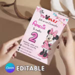 Editable Minnie Birthday Invitation Card, Minnie Birthday Invitation, Adorable Baby Girl Birthday, Cute Pink Mouse Invitation, Canva Editable