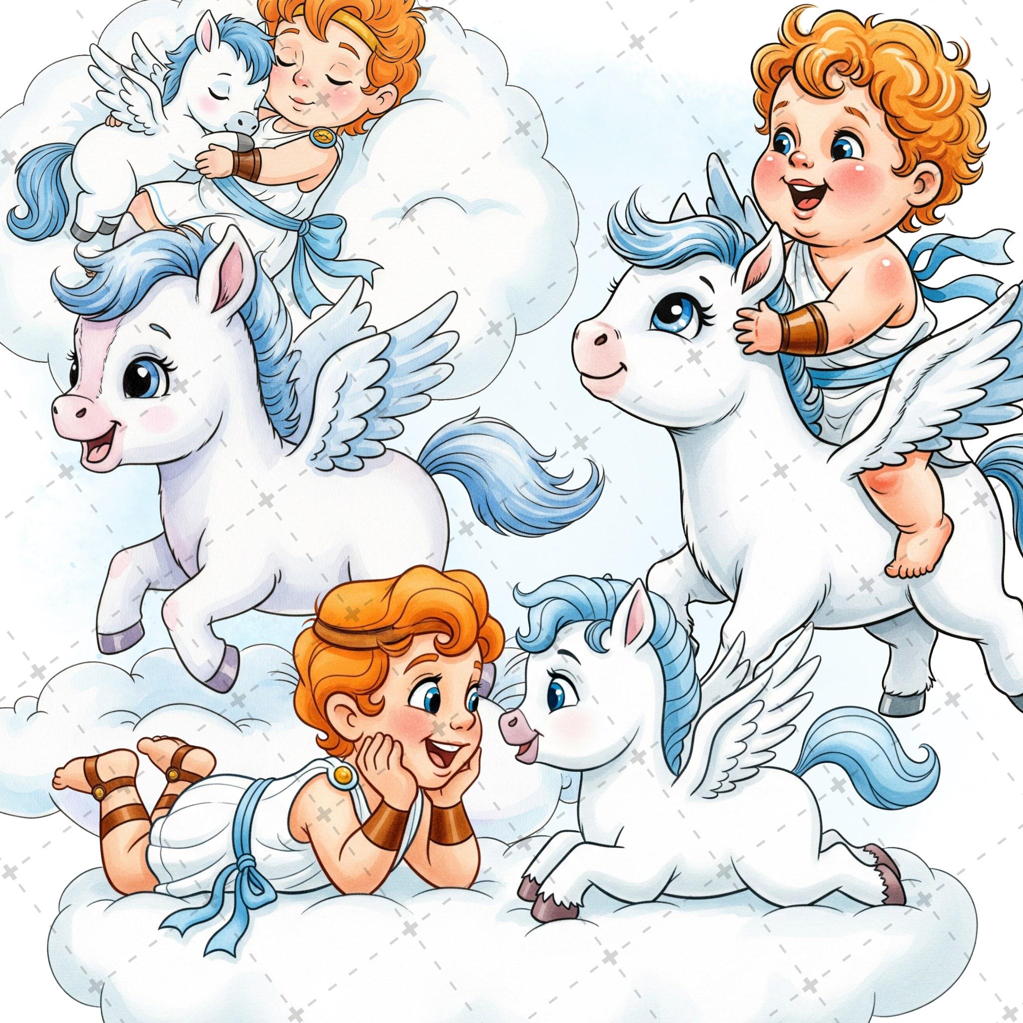 Baby Hercules Clipart, Cute Cartoon PNG, Watercolor Hercules Birthday, Hercules Baby Shower, Baby Hercules & Pegasus Clipart, Adorable Hercules