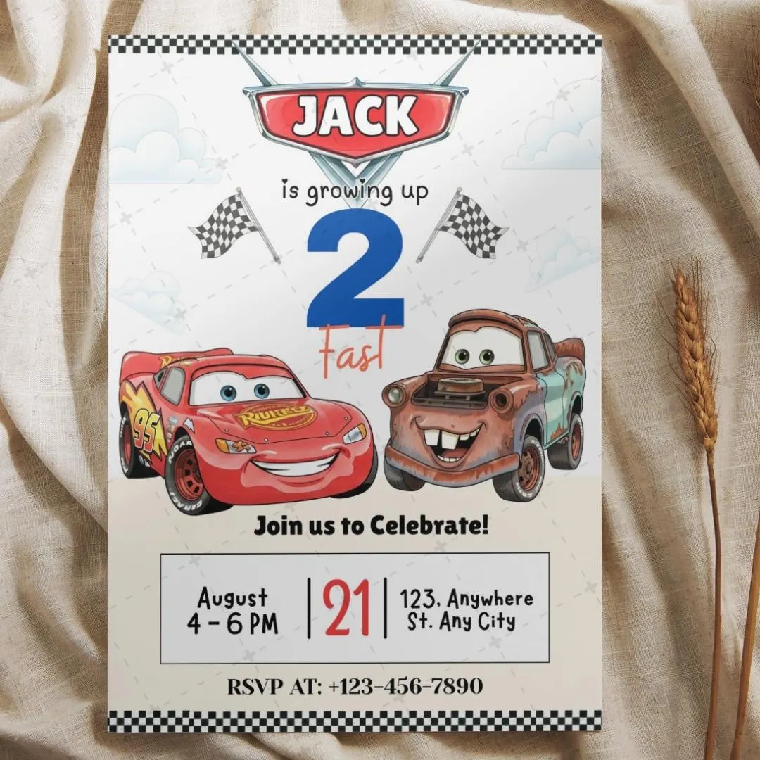 Cars McQueen Invitation Card, Cars Birthday Invitation, Lightning McQueen Mater Invitation, Beautiful Birthday Invitation, Kids Birthday Invitations