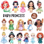 All Princess Watercolor Clipart PNG Bundle, Cute Princess PNG, Adorable Tiana, Aurora, Mermaid, Elsa, Anna, Fairytale Princess Birthday, Hand Drawn