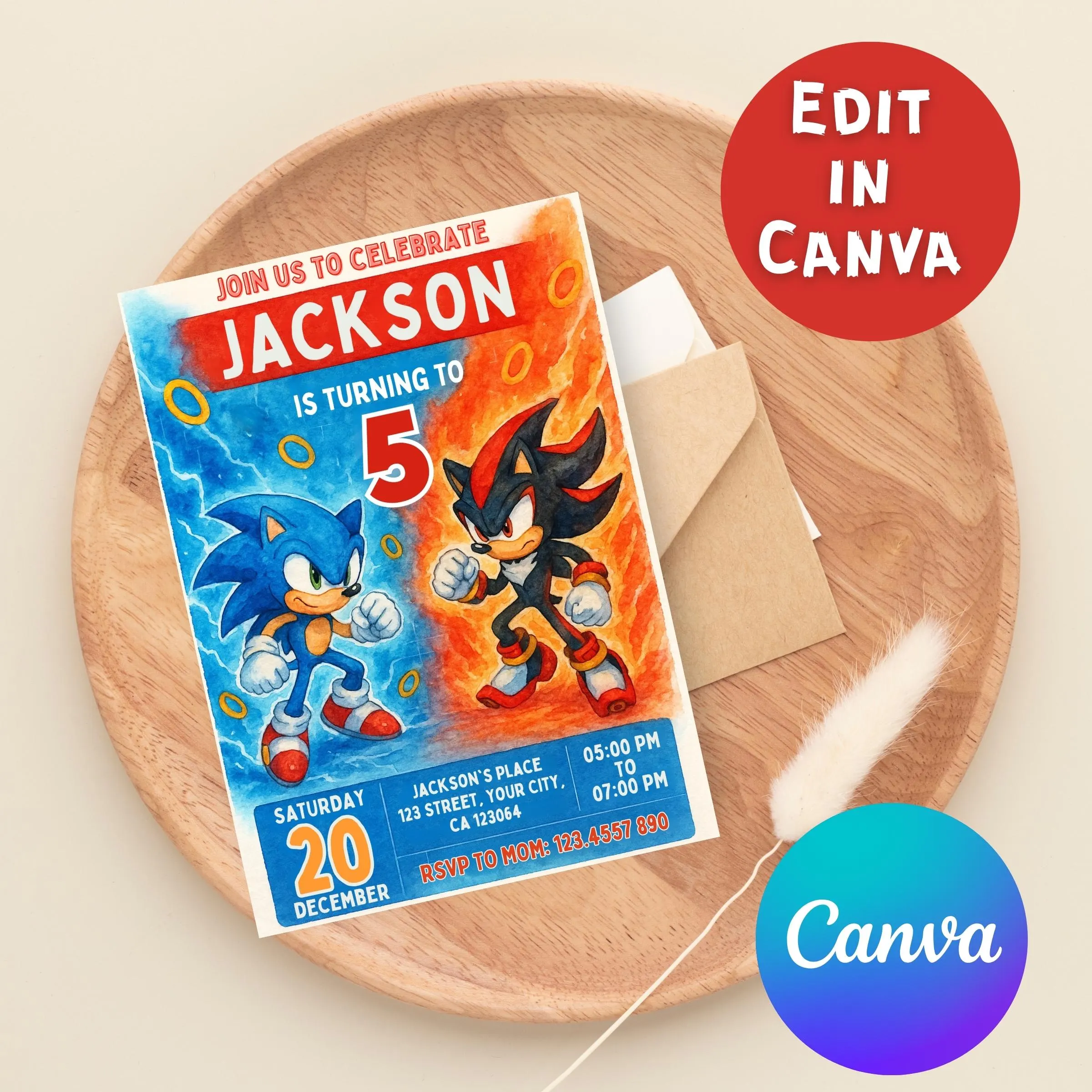 Sonic Editable Birthday Invitation, The Hedgehog Birthday Party Invite, Printable Card, Super Hedgehog Party, Sonic Birthday, Canva Editable