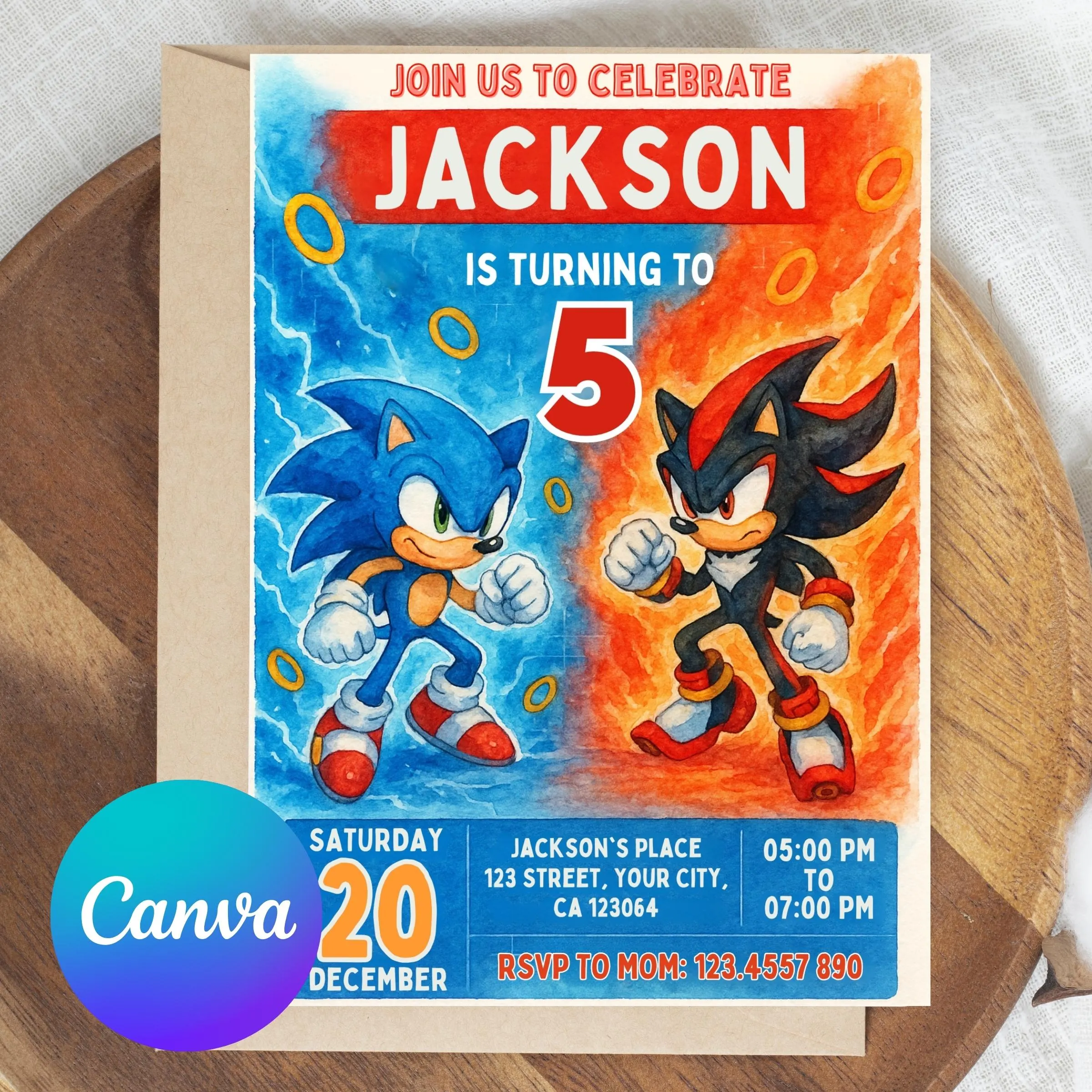 Sonic Editable Birthday Invitation, The Hedgehog Birthday Party Invite, Printable Card, Super Hedgehog Party, Sonic Birthday, Canva Editable