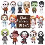 Chibi Horror Villains Clipart Bundle, Cute Watercolor Clipart, Creepy Cute Villain, Dark Style, Cute Chibi Cliparts, Horror Cartoon Cliparts