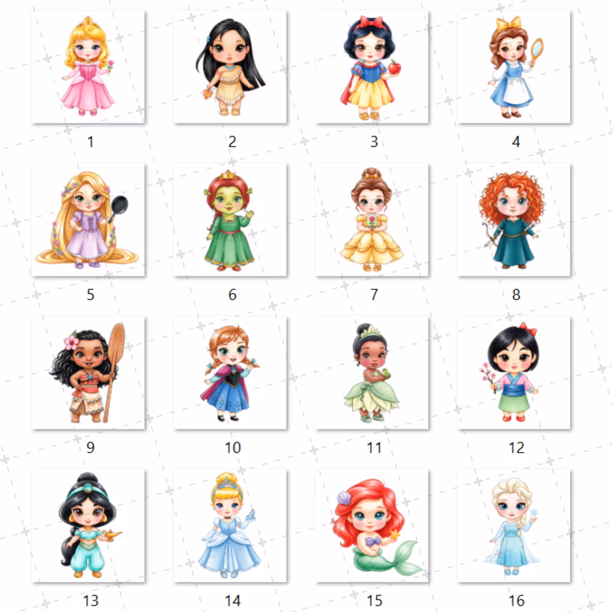 All Princess Watercolor Clipart PNG Bundle, Cute Princess PNG, Adorable Tiana, Aurora, Mermaid, Elsa, Anna, Fairytale Princess Birthday, Hand Drawn