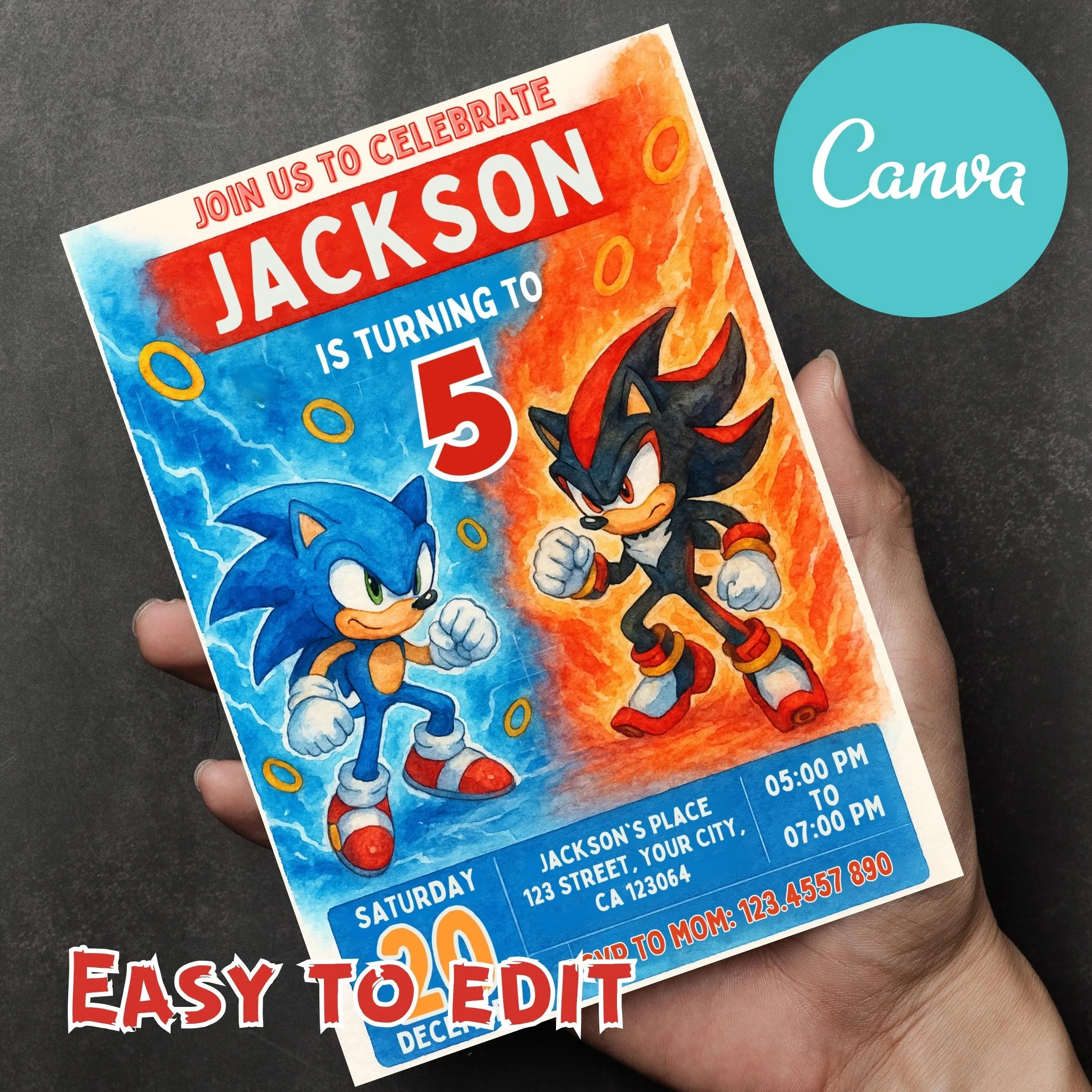 Sonic Editable Birthday Invitation, The Hedgehog Birthday Party Invite, Printable Card, Super Hedgehog Party, Sonic Birthday, Canva Editable