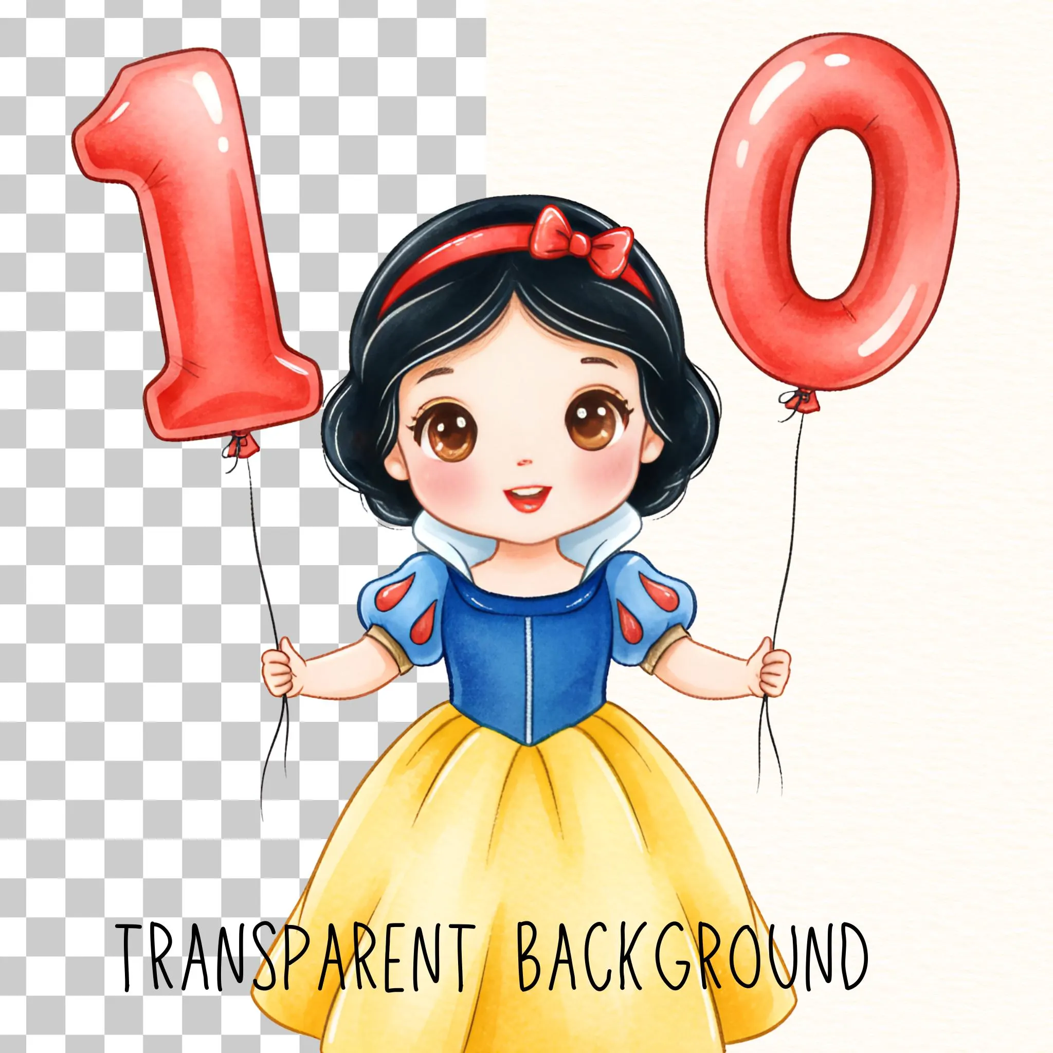 Snow White Clipart, Watercolor Snow White Holding Ballons, Snow White PNG, Snow White Birthday, Adorable Snow White Art
