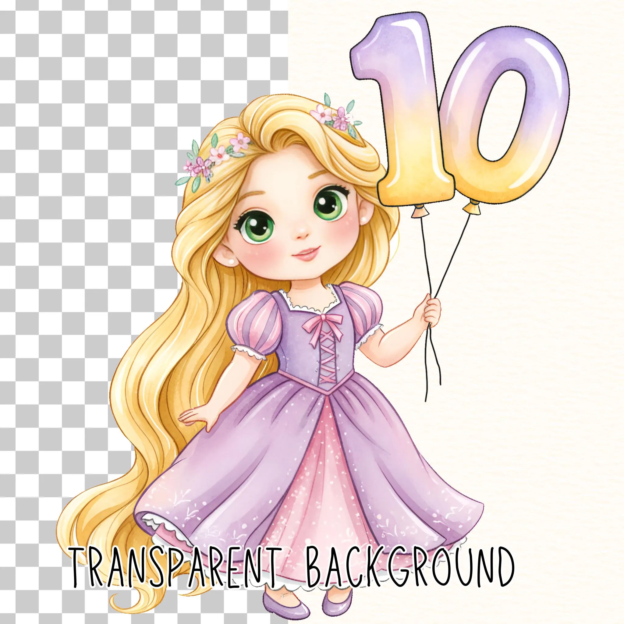 Princess Rapunzel Clipart, Watercolor Rapunzel Holding Number Ballon, Adorable Rapunzel PNG, Rapunzel Birthday, Tangeled Cake Topper
