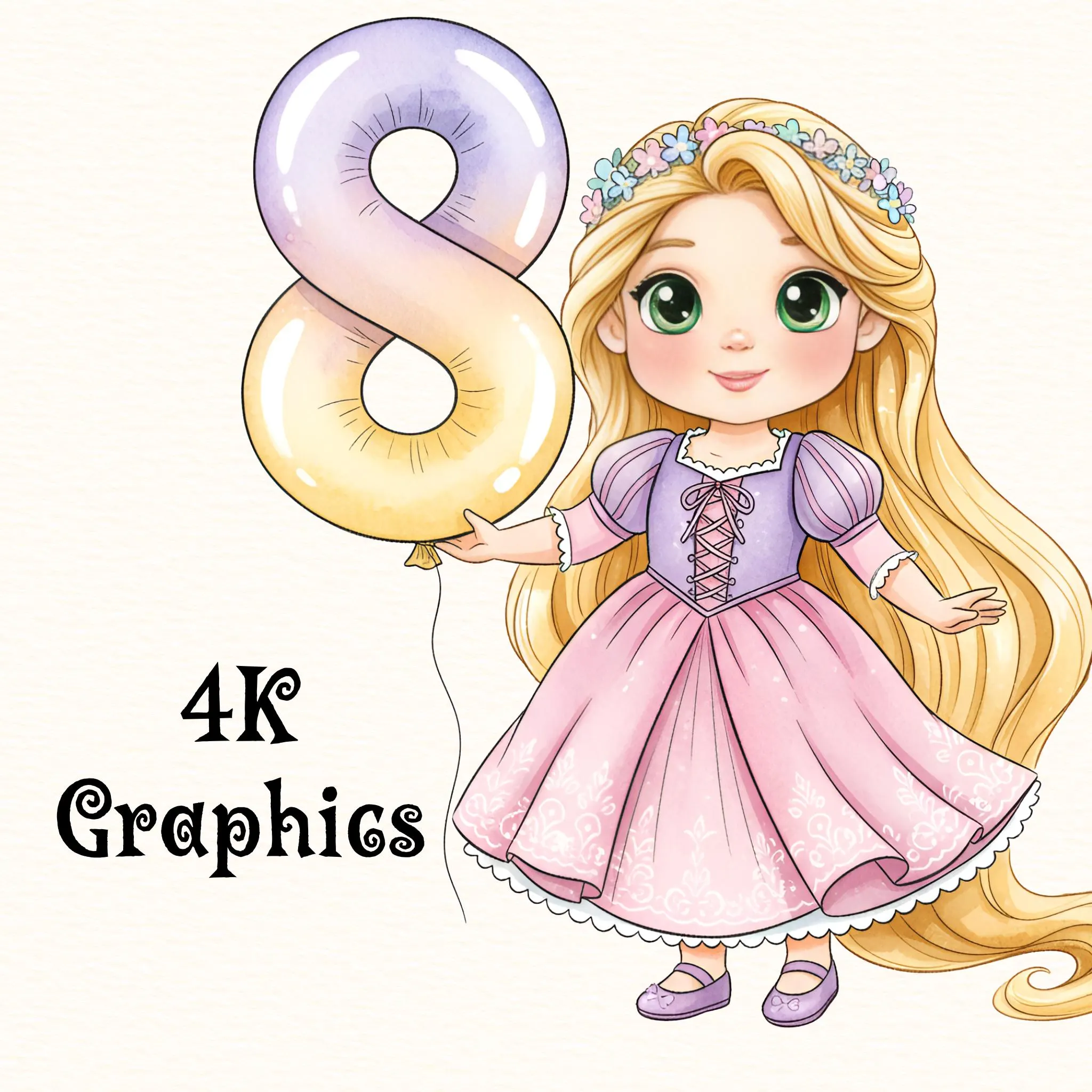 Princess Rapunzel Clipart, Watercolor Rapunzel Holding Number Ballon, Adorable Rapunzel PNG, Rapunzel Birthday, Tangeled Cake Topper