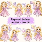 Princess Rapunzel Clipart, Watercolor Rapunzel Holding Number Ballon, Adorable Rapunzel PNG, Rapunzel Birthday, Tangeled Cake Topper