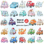 Magcial Vehicle Clipart , Cars Watercolor Clipart, Cars Birthday Cake Topper, Trucks PNG, Printable Cars, Baby Shower, Kids Nursery Art