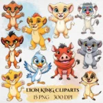 Lion King Watercolor Clipart, Cute Cartoon, Temon, Simba, Musafa, Nala, Rafiki, Pumba, Illustration, Watercolor Safari Animals Clipart