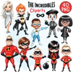 Incredibles Watercolor Cliparts, 40 PNG, The Incredibles Characters Cliparts, Incredibles Superhero Birthday Clipart, Hero Party Decor Art