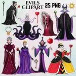 Female Villains Watercolor Clipart, Evil Characters, Fairytale PNG, Hand Drawn, Cartoon Villain, Maleficent, Ursula, Evil Queen, Nursery Art