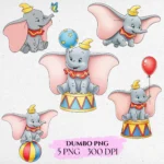 Dumbo Watercolor Cliparts, Cute Dumbo Bundle, Dumbo Birthday, Baby Elephant, Baby Shower Dumbo, Circus Baby Shower PNG, Circus Birthday
