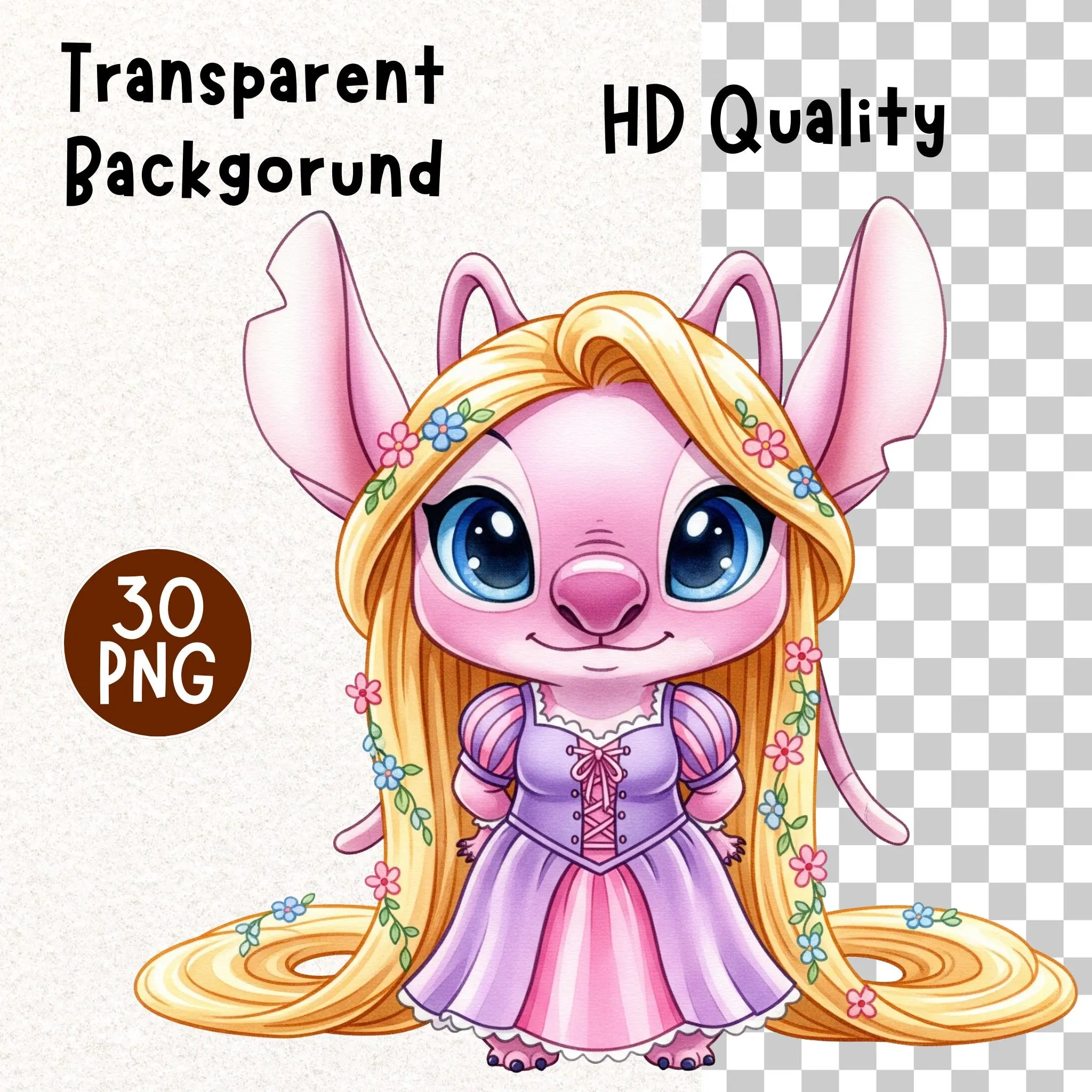 Stitch and Angel Princess Watercolor Clipart - Royal Experiment 626 and 624 PNG for Nursery Decor