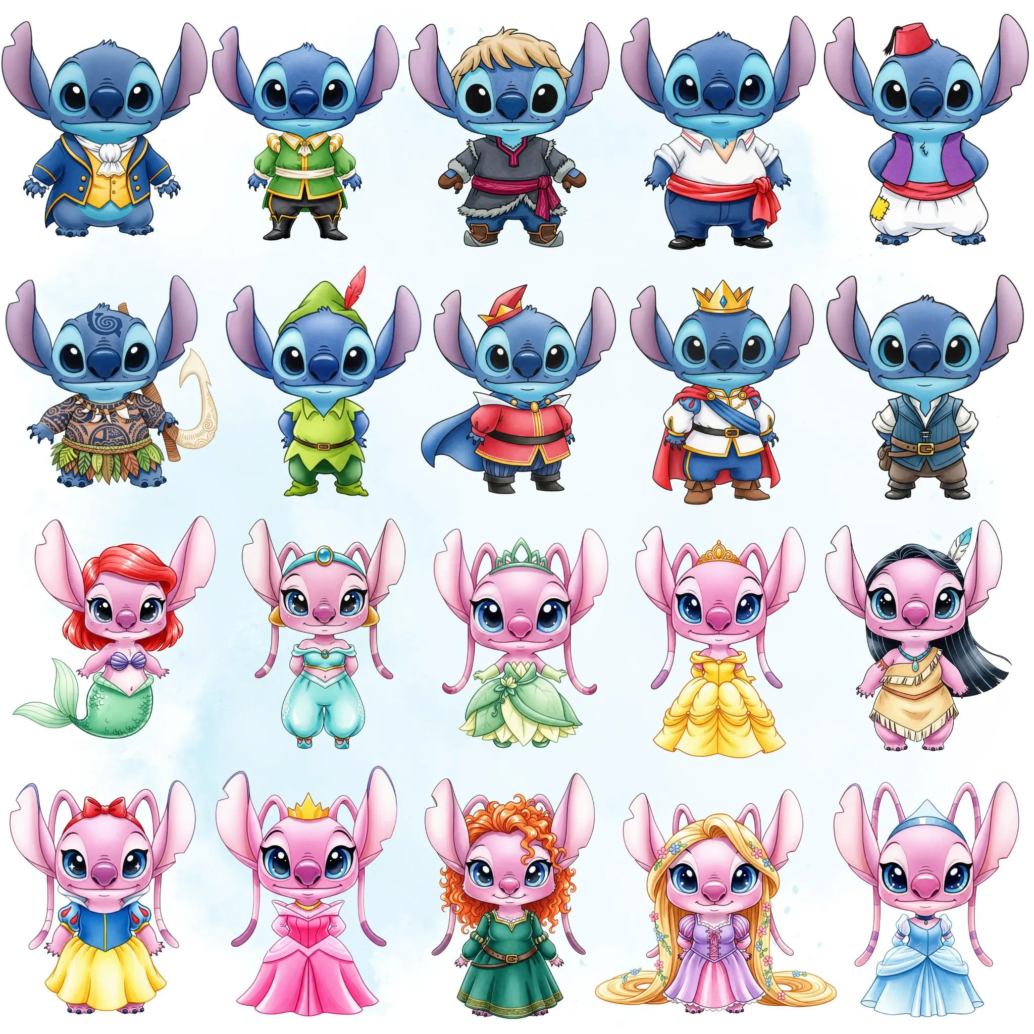 Stitch and Angel Princess Watercolor Clipart