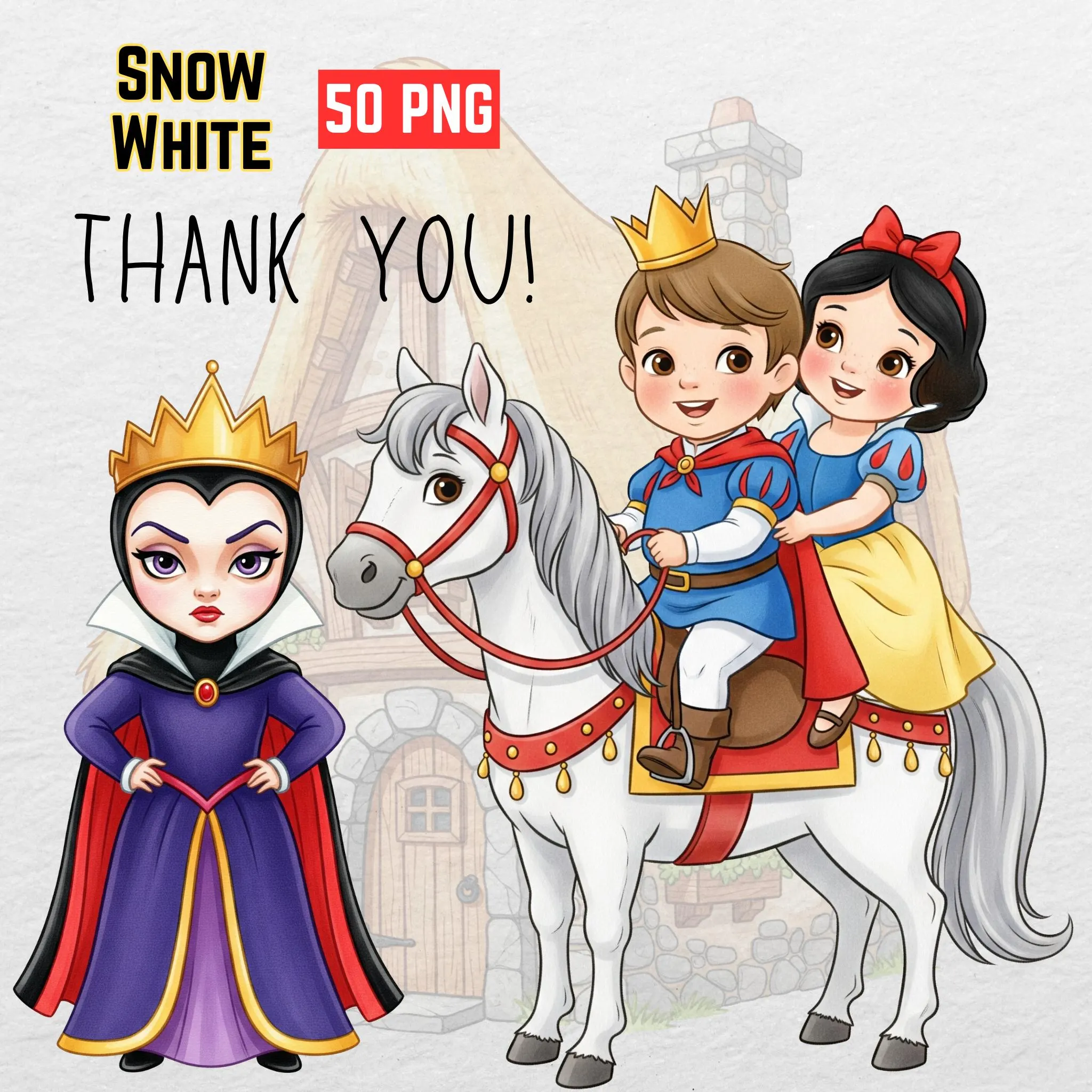 Little Snow White Watercolor Clipart-Watercolor Woodland Princess Illustrations - Seven Dwarfs and Apple PNG for Storybook Nursery Decor