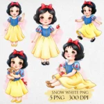 Baby Snow White Watercolor Clipart - Seven Dwarfs and Red Apple PNG for Nursery Decor