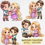 Rapunzel Valentine Watercolor Clipart- Corona Couple PNG for Fairytale Valentine Decor