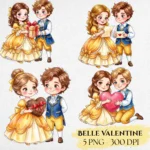 Beauty and the Beast Valentine Clipart-Watercolor Romantic Princess and Prince Illustrations - Eternal Rose PNG for Fairytale Valentine Decor