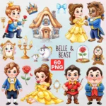 Beauty and the Beast Watercolor Clipart - Prince and Floral Rose PNG for Storybook Nursery Decor