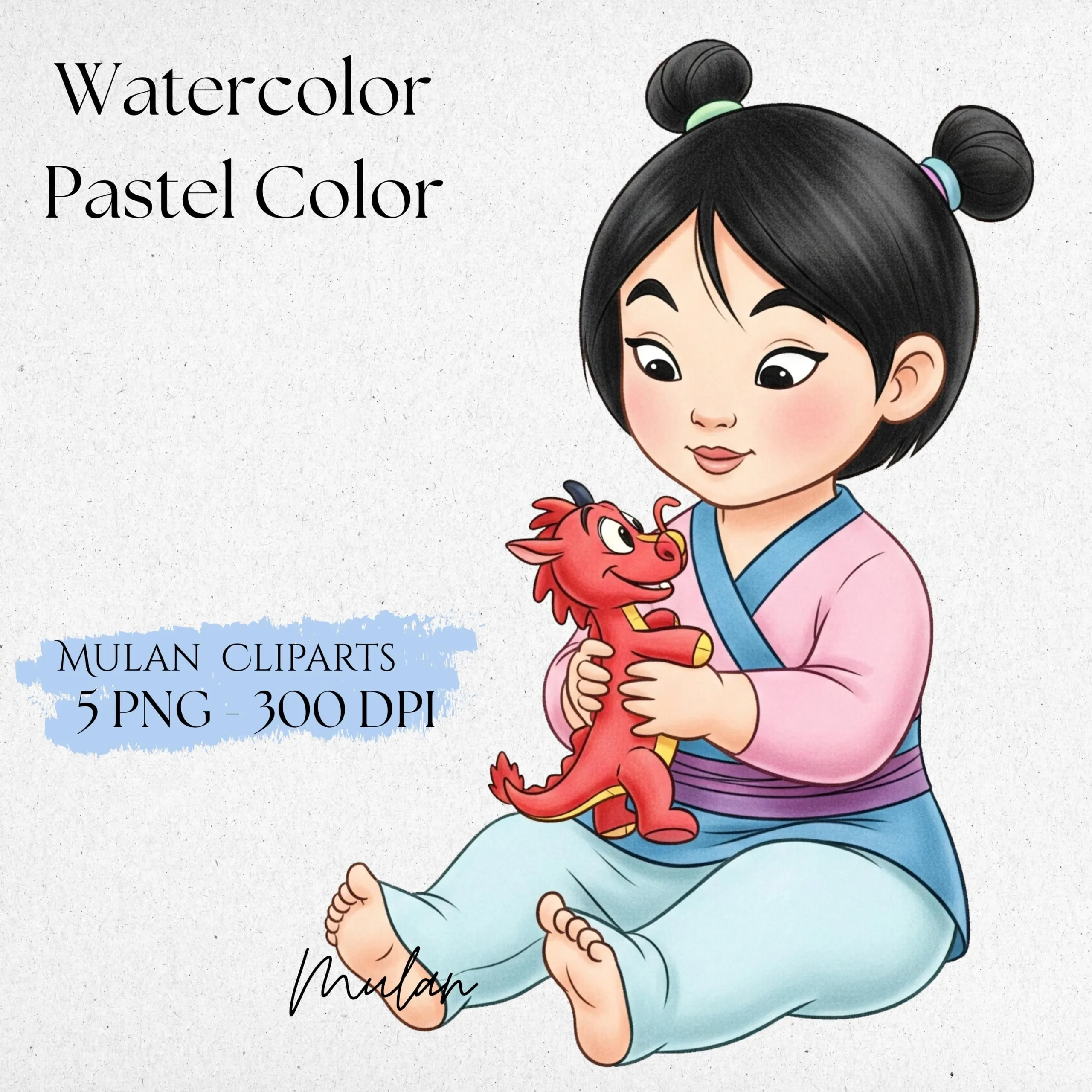 Cute Baby Princess Mulan Watercolor Clipart, Cute Mulan Clipart, Fairy Tale Princess, Cute Princess PNG, Nursery Clipart, Mulan Dragon PNG
