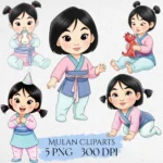 Cute Baby Princess Mulan Watercolor Clipart, Cute Mulan Clipart, Fairy Tale Princess, Cute Princess PNG, Nursery Clipart, Mulan Dragon PNG