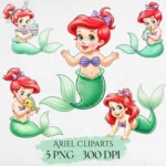 Baby Ariel Watercolor Clipart,Watercolor Aquatic Character Illustrations - Under the Sea Bundle for Nautical Nursery Decor