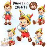 Watercolor Wooden Boy Storybook Illustrations - Classic Puppet Character Bundle for Nursery Decor