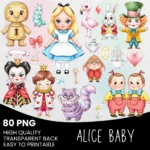 Alice in Wonderland Chibi Watercolor Clipart Bundle - 80 PNGs - Mad Hatter, Cheshire Cat & Queen of Hearts - Professional Wonderland Art