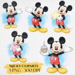 Baby Mickey Mouse Watercolor Clipart - Classic Character PNG Bundle for First Birthday Decor