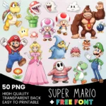 Super Mario Clipart Bundle, Luigi Princess Peach Yoshi Bowser PNG, Video Game Font SVG, Digital Download