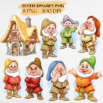 Seven Dwarfs Watercolor Clipart, Snow White Cottage, Doc Grumpy Dopey, Fairytale Character Bundle, Digital Download