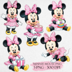 Baby Minnie Mouse Watercolor Clipart - Pink Bow Character PNG Bundle for Girl Birthday Decor