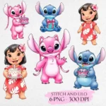 Lilo and Stitch Birthday Clipart, Angel Character PNG, Tropical Hawaii Party Graphics, Watercolor Surfboard Illustration, Digital Download