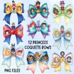 Princess Coquette Bow Clipart, Cartoon Character Ribbons, Cinderella Tiana Belle Elsa Snow White PNG, Digital Download