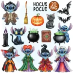 Stitch Hocus Pocus Watercolor Clipart, Sanderson Sisters Cosplay PNG, Halloween Witch Bundle, Spooky Fall Character Art, Digital Download