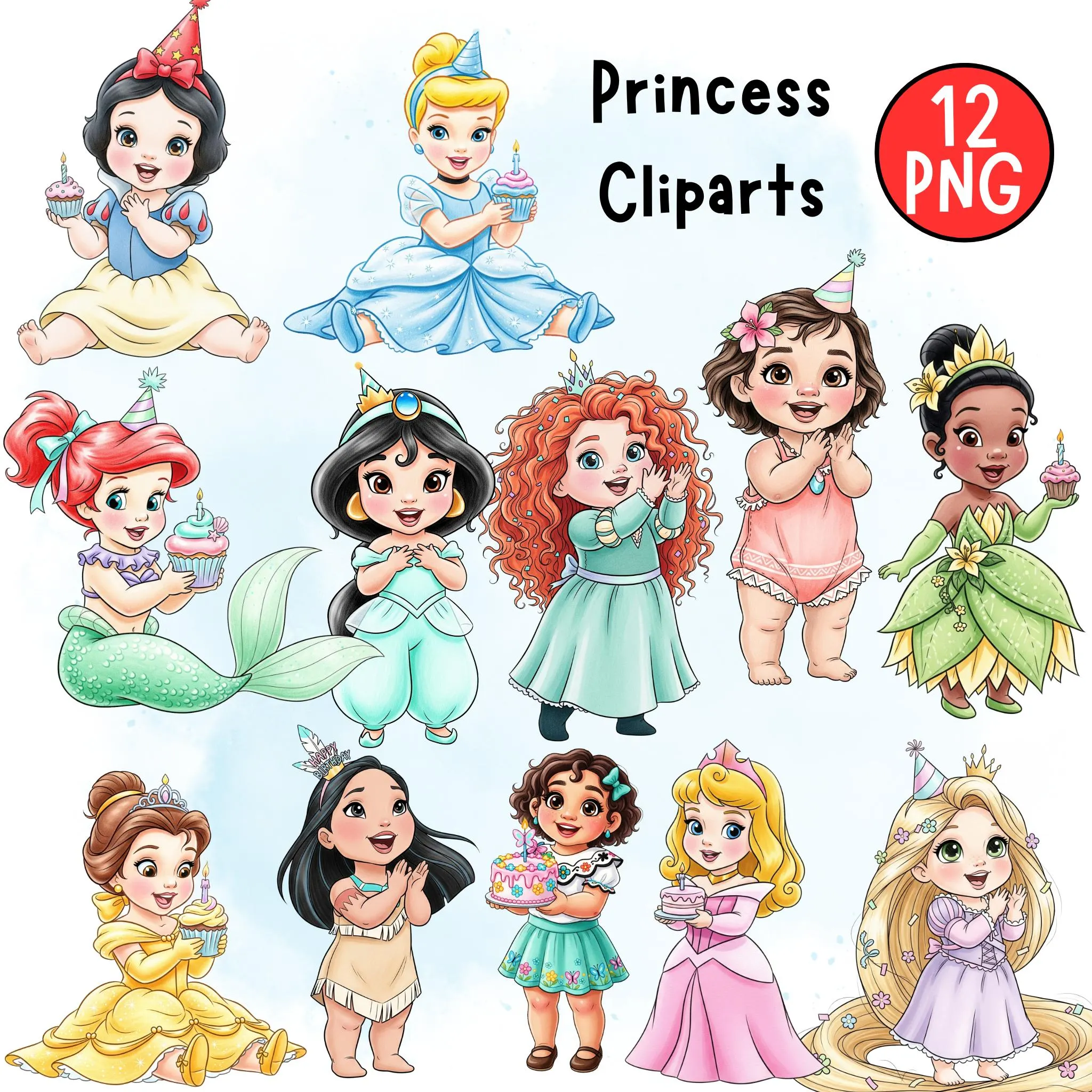 Baby Princess Watercolor Clipart Bundle - 12 Fairytale Character PNGs for Birthday Party Decor