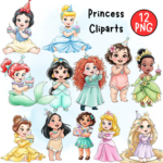 Baby Princess Watercolor Clipart Bundle - 12 Fairytale Character PNGs for Birthday Party Decor