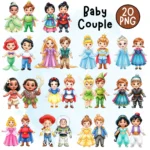 Princess Prince Couple Cliparts, Hand Drawn Storybook Characters, Fairytale Baby Shower PNG, Enchanted Wedding Bundle, Digital Download